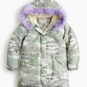 J.Crew Girls Camo Puffer Jacket PrimaLoft Green Coat Purple Faux Fur Hood 4-5